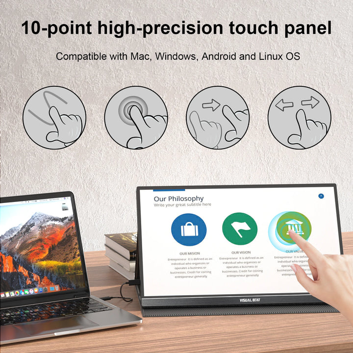 VISUALBEAT Touch Screen Portable Monitor 15.6'' FHD 1080P IPS HDR USB Type-C HDMI LCD Gaming Display for Laptop